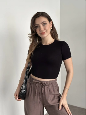 Kısa kol crop boy modal kumaş body siyah