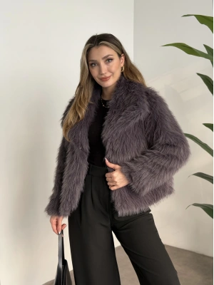 Kruvaze yaka astarlı kürklü mont antrasit