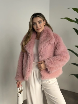 Kruvaze yaka astarlı kürklü mont pembe