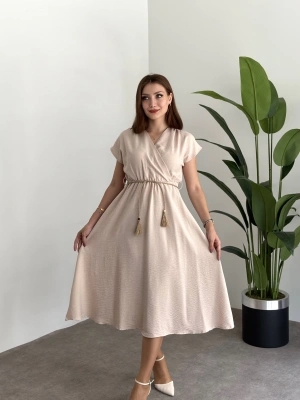 Kruvaze Yaka beli hasır ipli elbise Krem