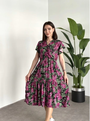 Kruvaze yaka viskon elbise Pembe Çiçekli Yapraklı