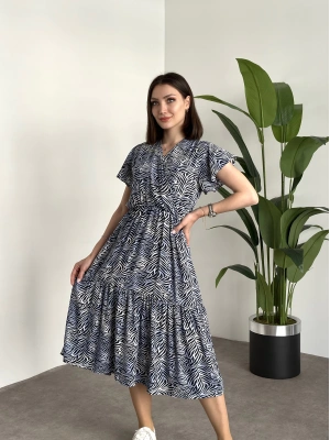 Kruvaze yaka viskon elbise Lacivert Beyaz Zebra Desenli