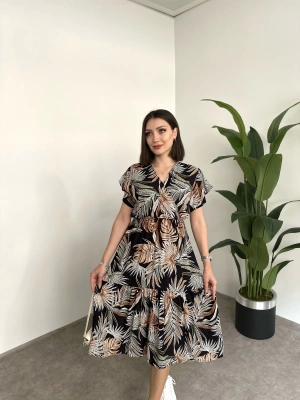 Kruvaze yaka viskon elbise Siyah Büyük Yapraklı