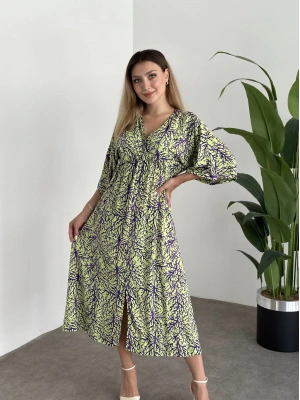 Kruvaze Yaka Yarasa Kol Yırtmaçlı Lastikli Elbise Yeşil Mor