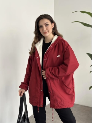 Logo detay içi tamamen peluş oversize yağmurluk mont bordo