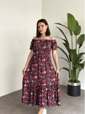 Madonna yaka viskon elbise Siyah Pembe Çiçekli