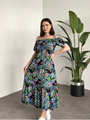 Madonna yaka viskon elbise Siyah Yeşil Büyük Yapraklı