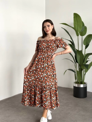 Madonna yaka viskon elbise Turuncu Beyaz Çiçekli