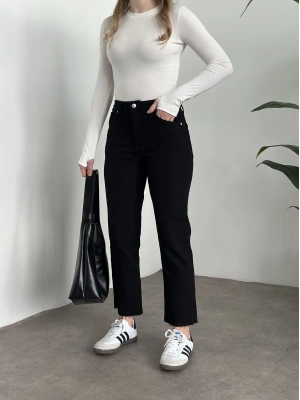 Marka etiketli boyfit jean siyah