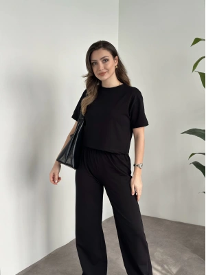 Marka etiketli modal iki iplik eşofman takımı siyah