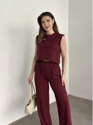 Marka etiketli sıfır kol eşofman takımı bordo