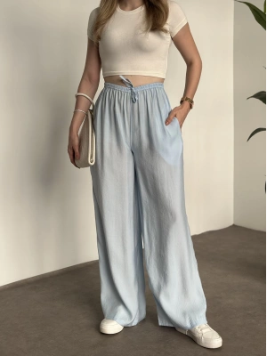 Marka etiketli tensel kumaş şalvar pantolon bebek mavisi