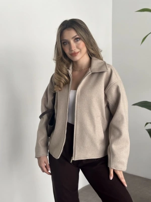 Marka model kısa astarlı kaşe ceket krem