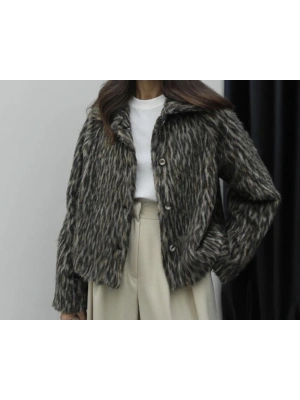 Marka model leopar desenli tüylü kaşe ceket