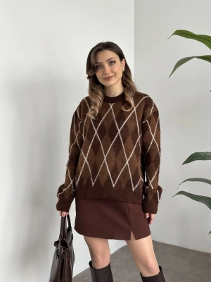 Massi bisiklet yaka baklava desenli yünlü kazak kahve