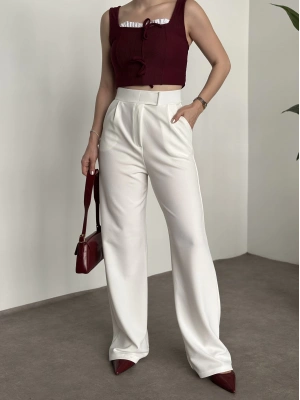 Meşhur Beli Cırt Cırtlı Bol Paça Pantolon beyaz