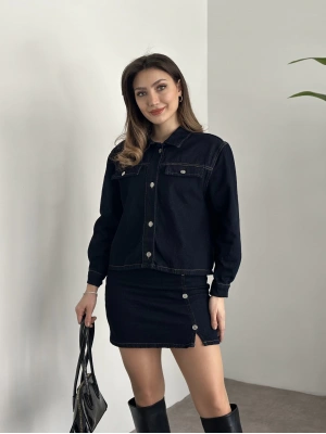 Mini etekli düğmeli denim takım