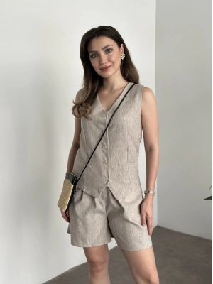 Mini şortlu keten takım krem