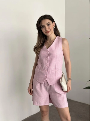 Mini şortlu keten takım pembe