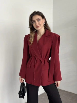 Omuz detaylı bel bağcıklı blazer ceket bordo
