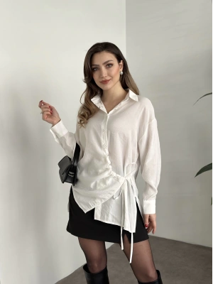 Önden büzgülü ithal kumaş gömlek beyaz