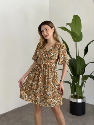 Önü Drapeli Kolları Volanli Pamuklu Viskon Kumaş Elbise Sarı