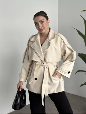 Oversize ara boy standart kaşe kaban açık krem