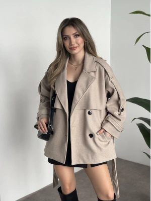 Oversize ara boy standart kaşe kaban koyu krem