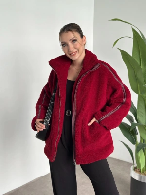 Oversize biye detaylı peluş mont bordo