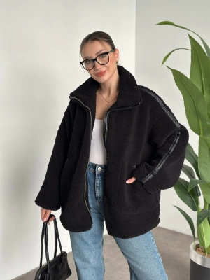Oversize biye detaylı peluş mont siyah