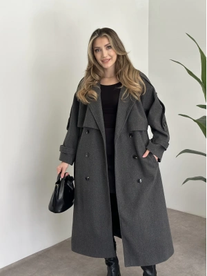 Oversize düğmeli astarlı bağlamalı kaşe kaban antrasit