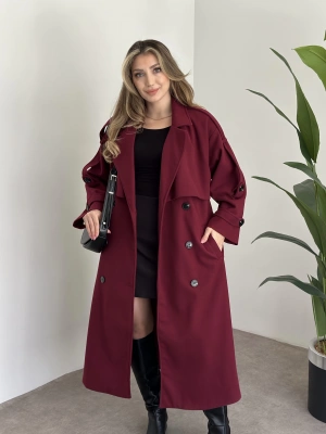 Oversize düğmeli astarlı bağlamalı kaşe kaban bordo