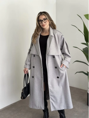 Oversize düğmeli astarlı bağlamalı kaşe kaban gri