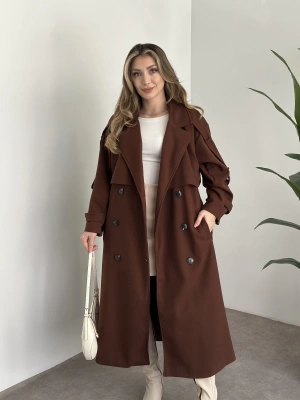 Oversize düğmeli astarlı bağlamalı kaşe kaban kahve