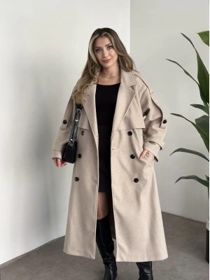 Oversize düğmeli astarlı bağlamalı kaşe kaban krem