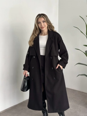 Oversize düğmeli astarlı bağlamalı kaşe kaban siyah