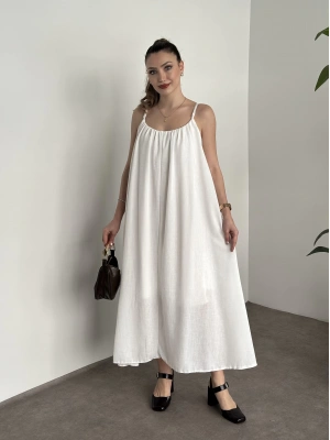 Oversize salaş askılı keten elbise beyaz