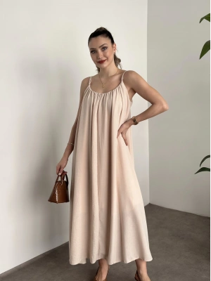 Oversize salaş askılı keten elbise krem