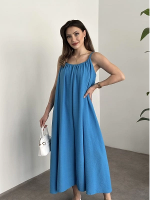 Oversize salaş askılı keten elbise mavi