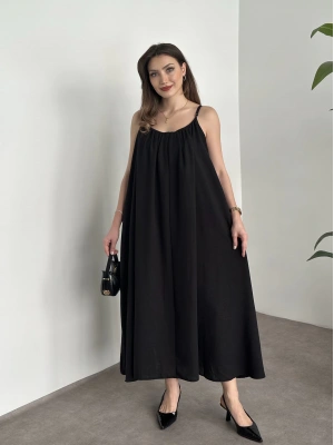 Oversize salaş askılı keten elbise siyah