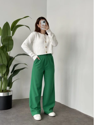 Düğmeli Palazzo Kumaş Pantolon - Yeşil