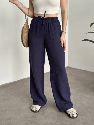 Pamuklu keten şalvar pantolon Lacivert