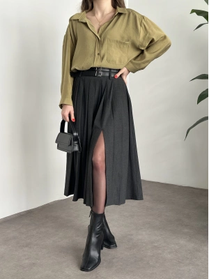 Piliseli yırtmaçlı uzun etek antrasit