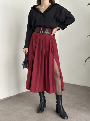 Piliseli yırtmaçlı uzun etek bordo