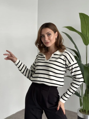 Polo Yaka Çizgili Triko Beyaz