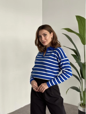 Polo Yaka Çizgili Triko Mavi