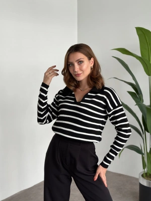 Polo Yaka Çizgili Triko Siyah