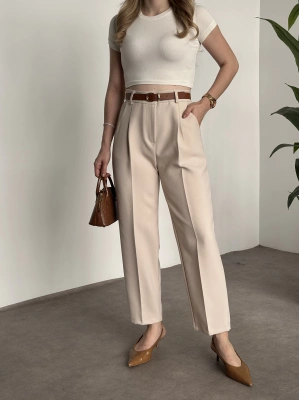 Premium dabıl kumaş kemerli pantolon krem