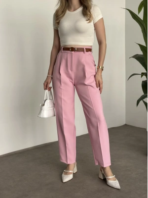 Premium dabıl kumaş kemerli pantolon pembe