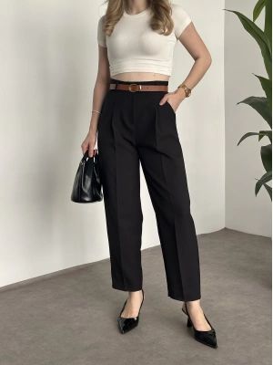 Premium dabıl kumaş kemerli pantolon siyah